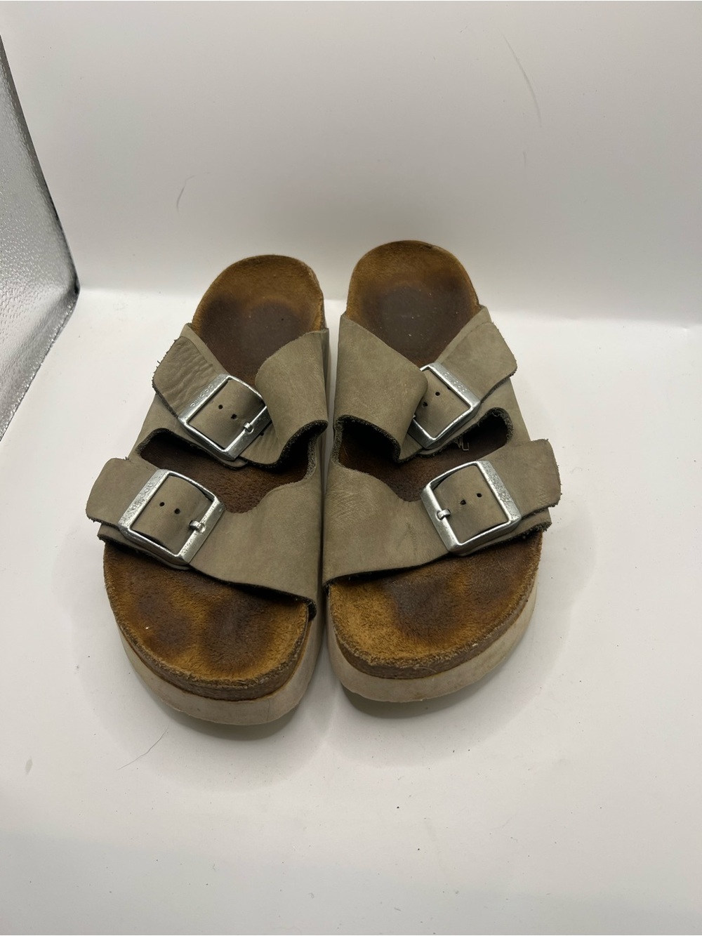 Birkenstock Taupe Double Strap Sandals with Silver Buckles